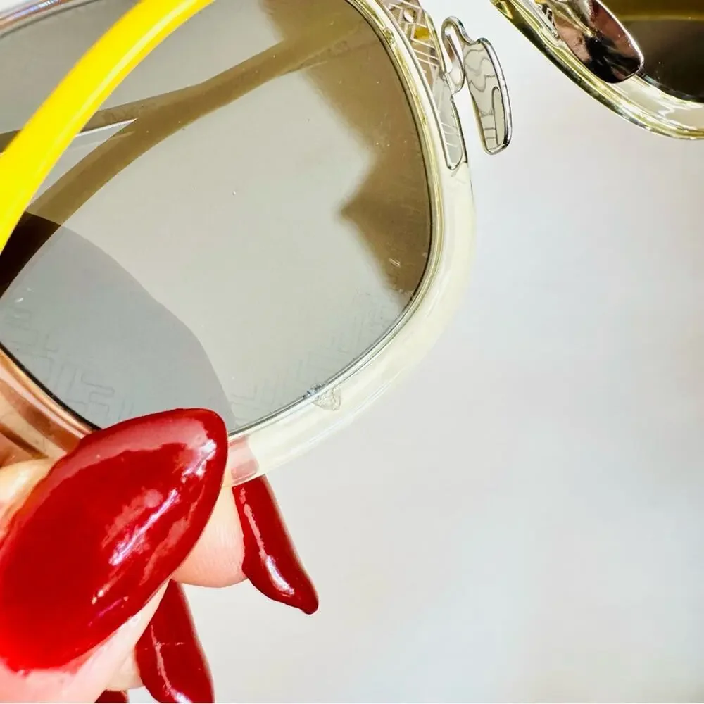 FENDI Logo Silver Yellow Metallic Grey Mirror Lens $595 Sunglasses Magnetic Case